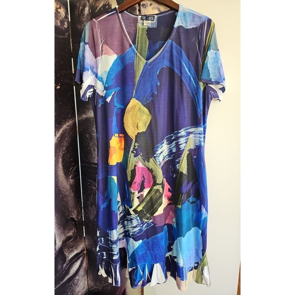 TOP LIGNE Short Sleeve V Neck Ruffle Hem Abstract Colorful Dress Size L Stretch